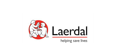 het logo van Laerdal, een afbeelding van de barmhartige Samaritaan, die de wonden van een slachtoffer verbindt met de tekst: helping save lives